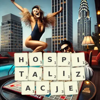 Kreatywna ilustracja do gry w Scrabble ze słowem HOSPITALIZACJE ułożonym z płytek na planszy.