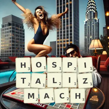 Kreatywna ilustracja do gry w Scrabble ze słowem HOSPITALIZMACH ułożonym z płytek na planszy.