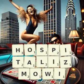 Kreatywna ilustracja do gry w Scrabble ze słowem HOSPITALIZMOWI ułożonym z płytek na planszy.