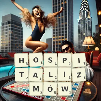 Kreatywna ilustracja do gry w Scrabble ze słowem HOSPITALIZMÓW ułożonym z płytek na planszy.