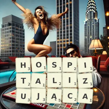 Kreatywna ilustracja do gry w Scrabble ze słowem HOSPITALIZUJĄCA ułożonym z płytek na planszy.
