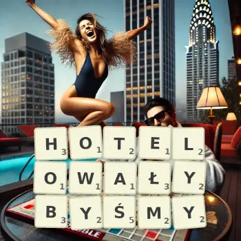 Kreatywna ilustracja do gry w Scrabble ze słowem HOTELOWAŁYBYŚMY ułożonym z płytek na planszy.