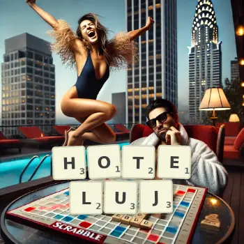 Kreatywna ilustracja do gry w Scrabble ze słowem HOTELUJ ułożonym z płytek na planszy.