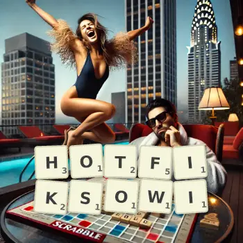 Kreatywna ilustracja do gry w Scrabble ze słowem HOTFIKSOWI ułożonym z płytek na planszy.