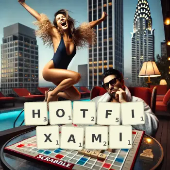 Kreatywna ilustracja do gry w Scrabble ze słowem HOTFIXAMI ułożonym z płytek na planszy.