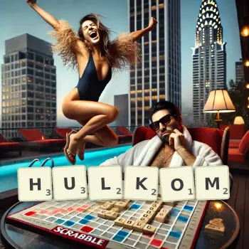 Kreatywna ilustracja do gry w Scrabble ze słowem HULKOM ułożonym z płytek na planszy.