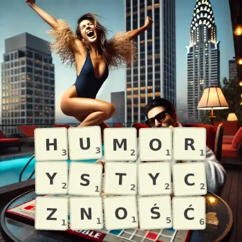 Kreatywna ilustracja do gry w Scrabble ze słowem HUMORYSTYCZNOŚĆ ułożonym z płytek na planszy.
