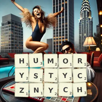 Kreatywna ilustracja do gry w Scrabble ze słowem HUMORYSTYCZNYCH ułożonym z płytek na planszy.