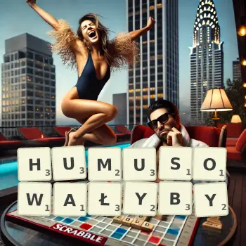 Kreatywna ilustracja do gry w Scrabble ze słowem HUMUSOWAŁYBY ułożonym z płytek na planszy.