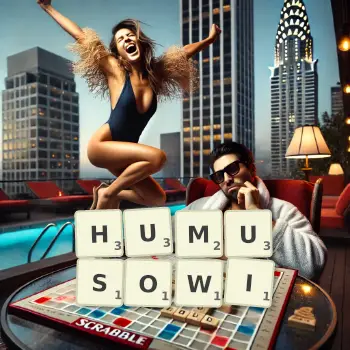 Kreatywna ilustracja do gry w Scrabble ze słowem HUMUSOWI ułożonym z płytek na planszy.