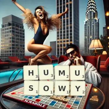 Kreatywna ilustracja do gry w Scrabble ze słowem HUMUSOWY ułożonym z płytek na planszy.