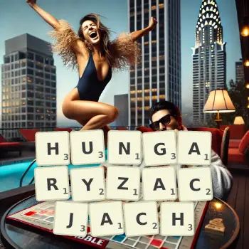 Kreatywna ilustracja do gry w Scrabble ze słowem HUNGARYZACJACH ułożonym z płytek na planszy.