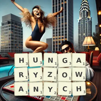 Kreatywna ilustracja do gry w Scrabble ze słowem HUNGARYZOWANYCH ułożonym z płytek na planszy.