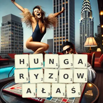 Kreatywna ilustracja do gry w Scrabble ze słowem HUNGARYZOWAŁAŚ ułożonym z płytek na planszy.