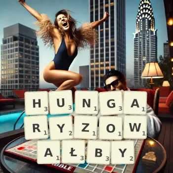 Kreatywna ilustracja do gry w Scrabble ze słowem HUNGARYZOWAŁBY ułożonym z płytek na planszy.