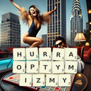 Kreatywna ilustracja do gry w Scrabble ze słowem HURRAOPTYMIZMY ułożonym z płytek na planszy.
