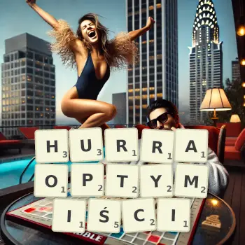 Kreatywna ilustracja do gry w Scrabble ze słowem HURRAOPTYMIŚCI ułożonym z płytek na planszy.