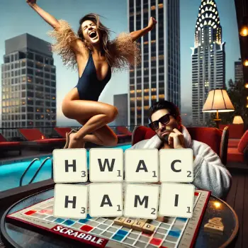 Kreatywna ilustracja do gry w Scrabble ze słowem HWACHAMI ułożonym z płytek na planszy.