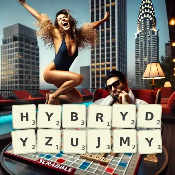 Kreatywna ilustracja do gry w Scrabble ze słowem HYBRYDYZUJMY ułożonym z płytek na planszy.