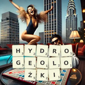 Kreatywna ilustracja do gry w Scrabble ze słowem HYDROGEOLOŻKI ułożonym z płytek na planszy.
