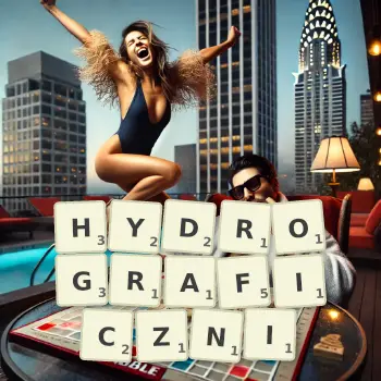 Kreatywna ilustracja do gry w Scrabble ze słowem HYDROGRAFICZNI ułożonym z płytek na planszy.
