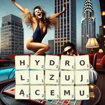Kreatywna ilustracja do gry w Scrabble ze słowem HYDROLIZUJĄCEMU ułożonym z płytek na planszy.