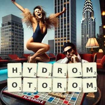 Kreatywna ilustracja do gry w Scrabble ze słowem HYDROMOTOROM ułożonym z płytek na planszy.