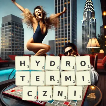 Kreatywna ilustracja do gry w Scrabble ze słowem HYDROTERMICZNI ułożonym z płytek na planszy.