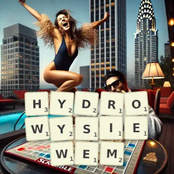 Kreatywna ilustracja do gry w Scrabble ze słowem HYDROWYSIEWEM ułożonym z płytek na planszy.