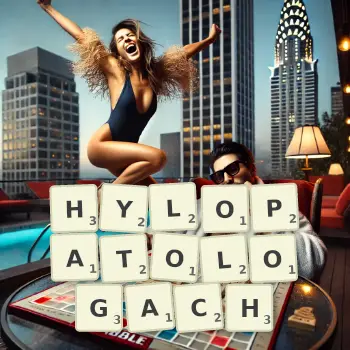 Kreatywna ilustracja do gry w Scrabble ze słowem HYLOPATOLOGACH ułożonym z płytek na planszy.