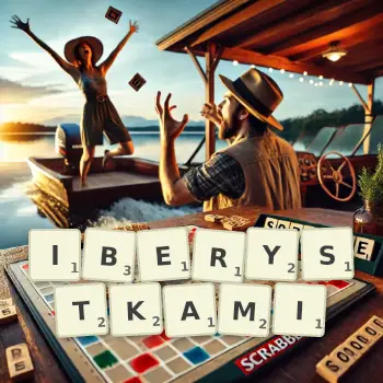 Kreatywna ilustracja do gry w Scrabble ze słowem IBERYSTKAMI ułożonym z płytek na planszy.