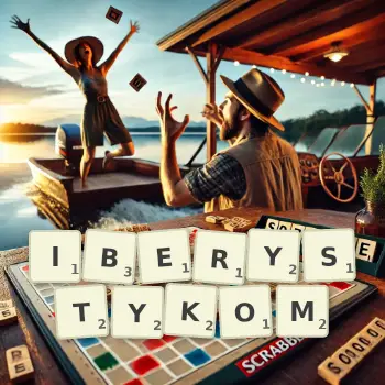 Kreatywna ilustracja do gry w Scrabble ze słowem IBERYSTYKOM ułożonym z płytek na planszy.