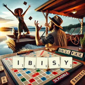 Kreatywna ilustracja do gry w Scrabble ze słowem IBISY ułożonym z płytek na planszy.