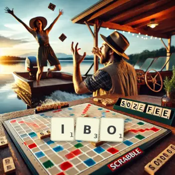 Kreatywna ilustracja do gry w Scrabble ze słowem IBO ułożonym z płytek na planszy.