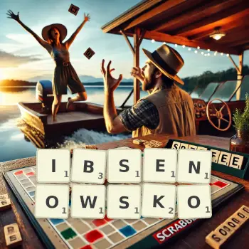 Kreatywna ilustracja do gry w Scrabble ze słowem IBSENOWSKO ułożonym z płytek na planszy.
