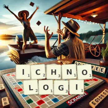 Kreatywna ilustracja do gry w Scrabble ze słowem ICHNOLOGI ułożonym z płytek na planszy.