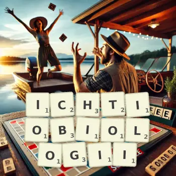 Kreatywna ilustracja do gry w Scrabble ze słowem ICHTIOBIOLOGII ułożonym z płytek na planszy.