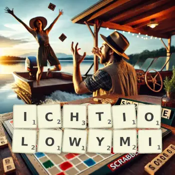 Kreatywna ilustracja do gry w Scrabble ze słowem ICHTIOLOWYMI ułożonym z płytek na planszy.