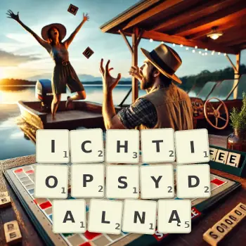 Kreatywna ilustracja do gry w Scrabble ze słowem ICHTIOPSYDALNĄ ułożonym z płytek na planszy.