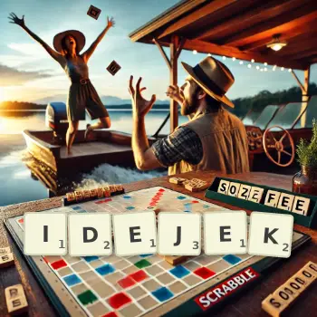 Kreatywna ilustracja do gry w Scrabble ze słowem IDEJEK ułożonym z płytek na planszy.