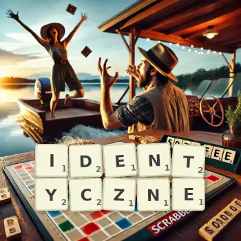 Kreatywna ilustracja do gry w Scrabble ze słowem IDENTYCZNE ułożonym z płytek na planszy.