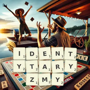 Kreatywna ilustracja do gry w Scrabble ze słowem IDENTYTARYZMY ułożonym z płytek na planszy.