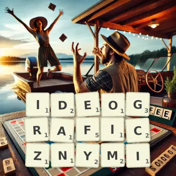 Kreatywna ilustracja do gry w Scrabble ze słowem IDEOGRAFICZNYMI ułożonym z płytek na planszy.