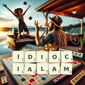 Kreatywna ilustracja do gry w Scrabble ze słowem IDIOCIALAM ułożonym z płytek na planszy.