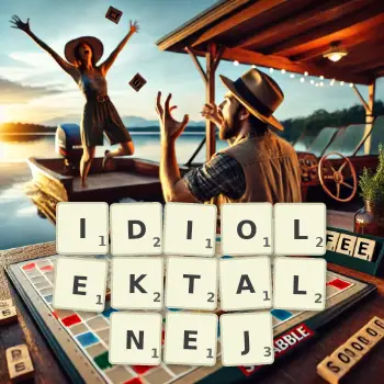 Kreatywna ilustracja do gry w Scrabble ze słowem IDIOLEKTALNEJ ułożonym z płytek na planszy.