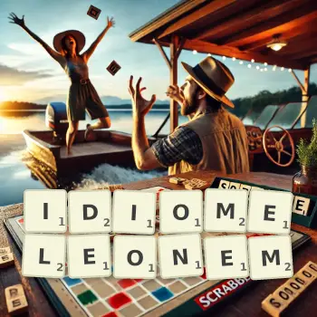 Kreatywna ilustracja do gry w Scrabble ze słowem IDIOMELEONEM ułożonym z płytek na planszy.
