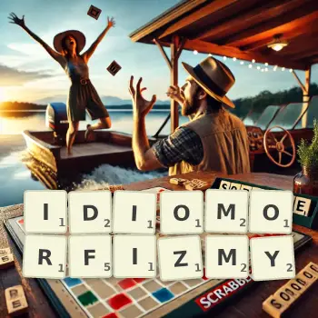 Kreatywna ilustracja do gry w Scrabble ze słowem IDIOMORFIZMY ułożonym z płytek na planszy.
