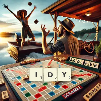 Kreatywna ilustracja do gry w Scrabble ze słowem IDY ułożonym z płytek na planszy.