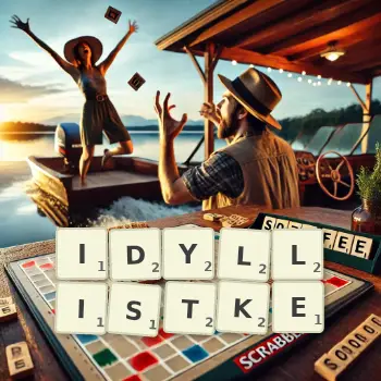 Kreatywna ilustracja do gry w Scrabble ze słowem IDYLLISTKE ułożonym z płytek na planszy.