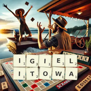 Kreatywna ilustracja do gry w Scrabble ze słowem IGIELITOWA ułożonym z płytek na planszy.